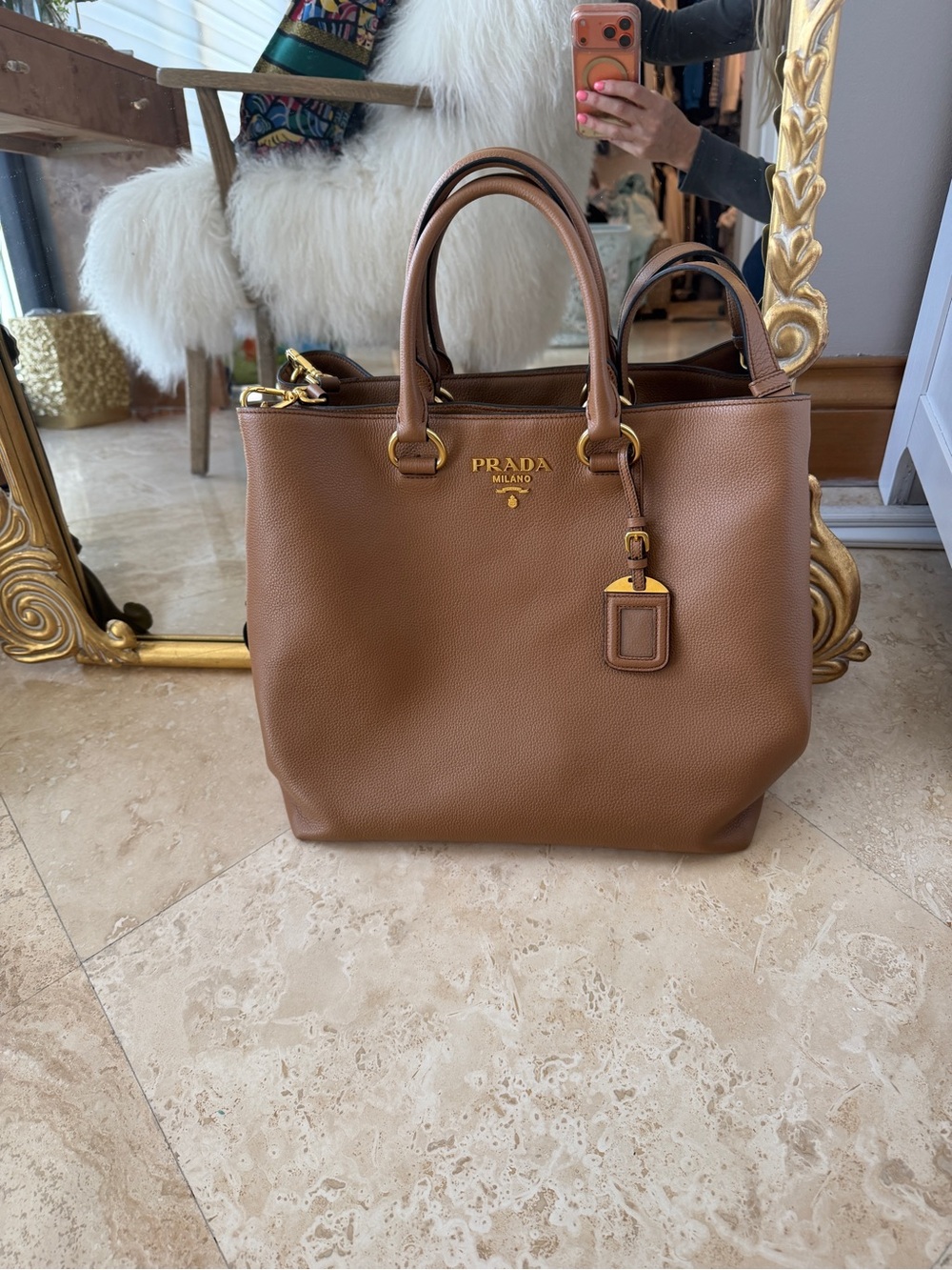 Prada Large Shoulder Bag Vitello Phenix Caramel Leather Tote - Picture 2 of 10